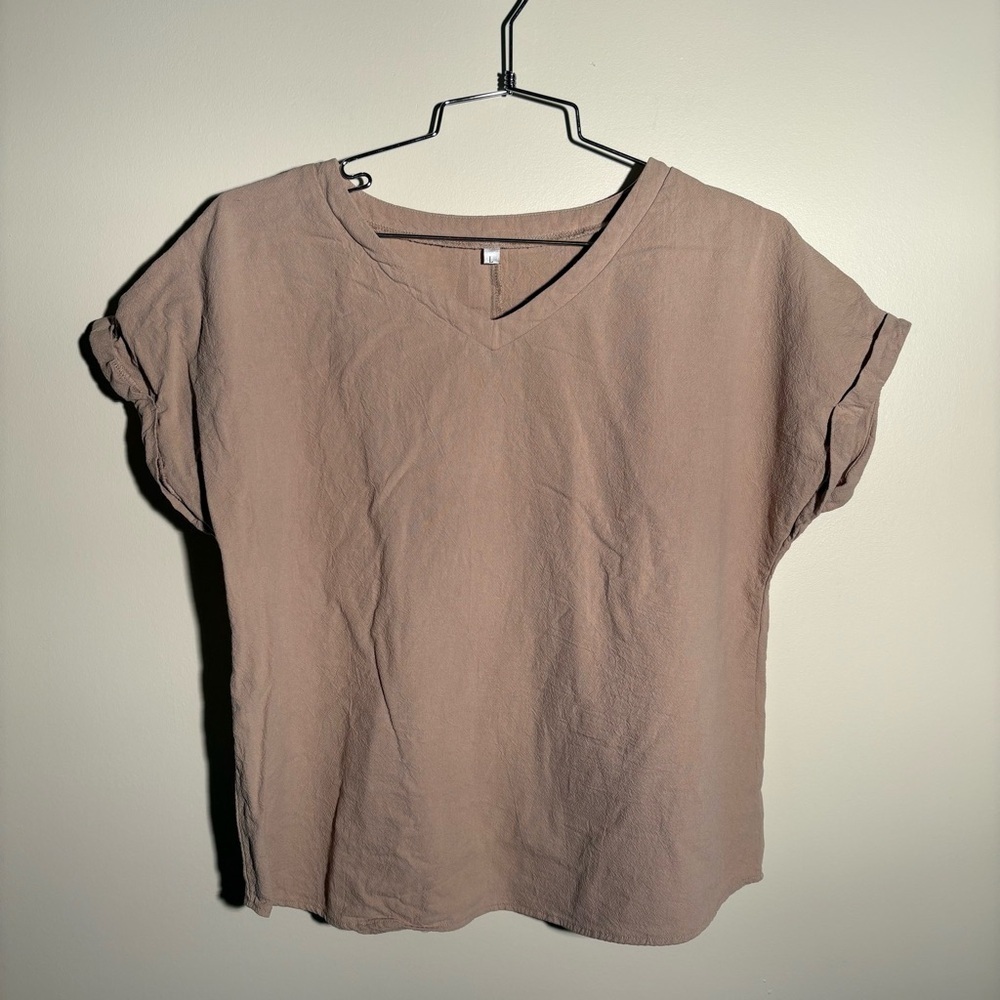 Tan Linen Blend V-Neck Blouse